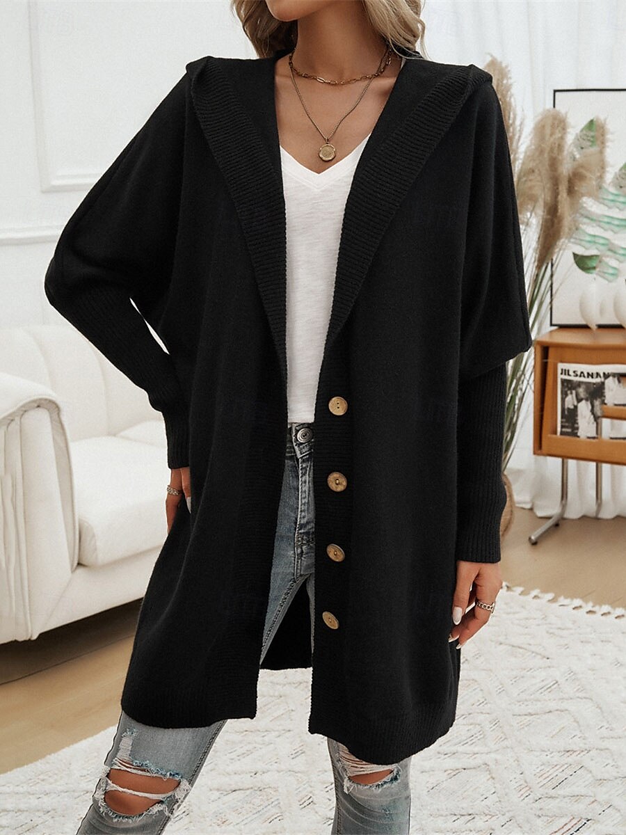 Per donna Felpa Cardigan Informale Morbido Colore puro A coste Con cappuccio Bottoni Tasche Lavorato a maglia Manica lunga Maglie lunghe Maglia Esterno Giornaliero Fine settimana Nero Fucsia Autunno del 2025 a $78.99 –P13