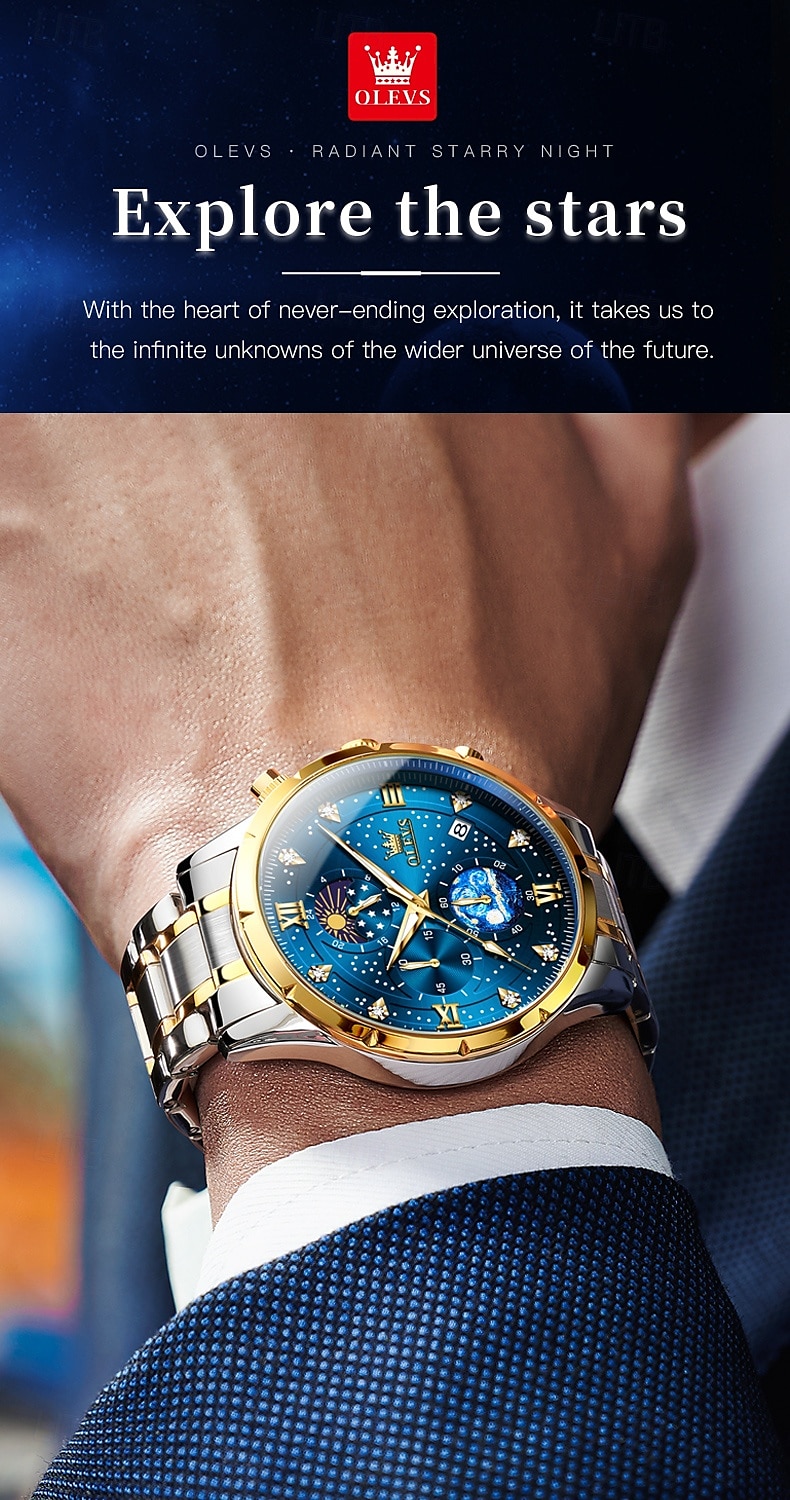 olevs 9807 herenhorloge modetrend multifunctioneel origineel sterrenhemel waterdicht maanfase horloge luxe merk heren quartzhorloge 2025 - $34.99 –P2