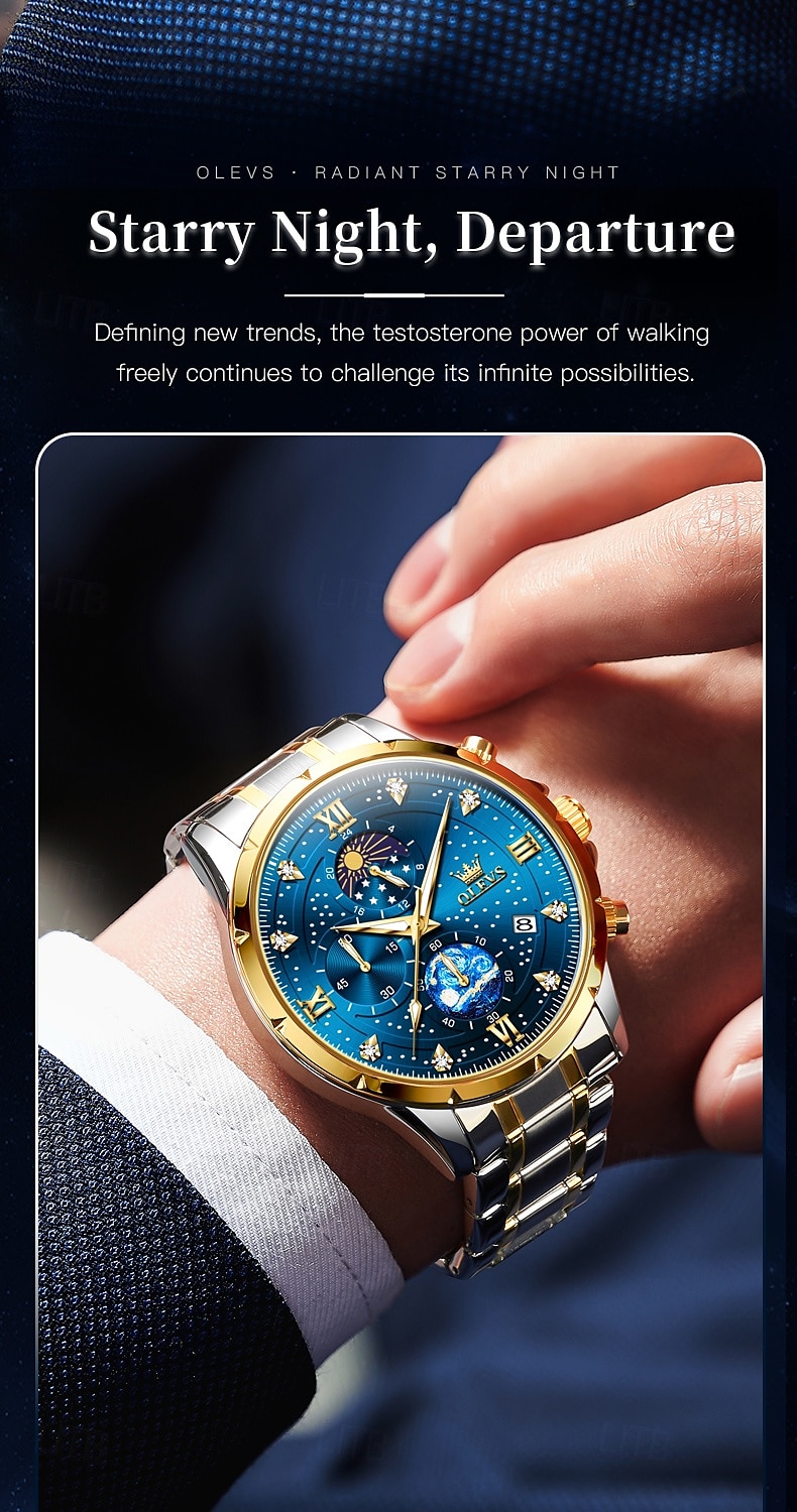 olevs 9807 herenhorloge modetrend multifunctioneel origineel sterrenhemel waterdicht maanfase horloge luxe merk heren quartzhorloge 2025 - $34.99 –P3