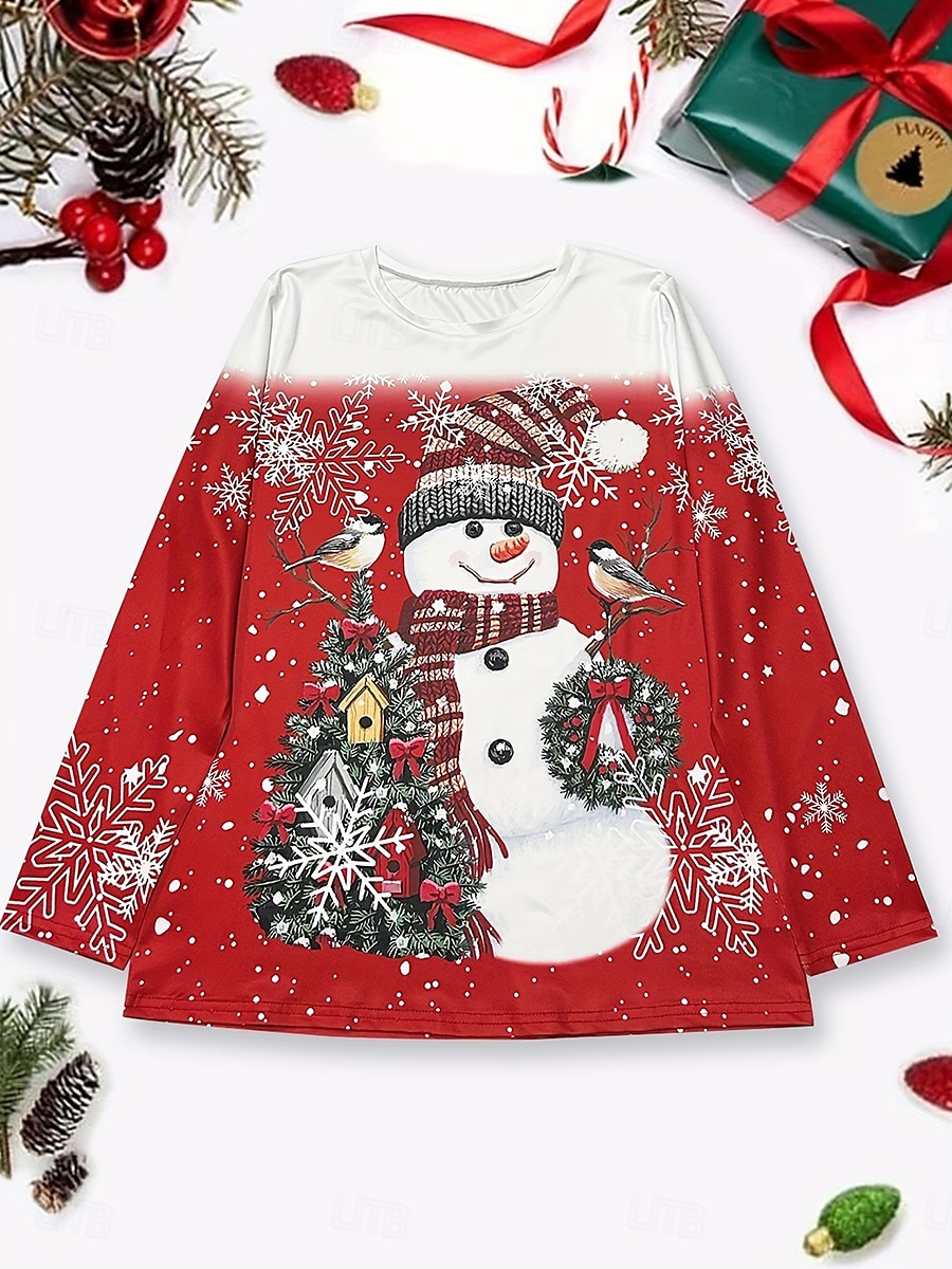 Kvinnors T-shirt Lång ärm Snögubbe Fågel tryck Semester Casual Top Röd Vit Snöflinga Vinter Bekväm Mjuk Passform Festlig Säsong Kläder Stora tillgängliga 2025 - $23.99 –P2