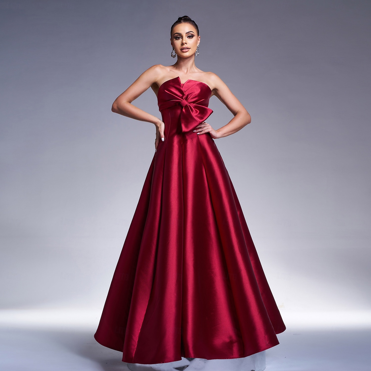 Red Prom Satin A-Line Evening Gown Glittering Dress Formal Floor Length Long Sleeve Strapless with Bow(s) 2024 2024 - GBP £79 –P1