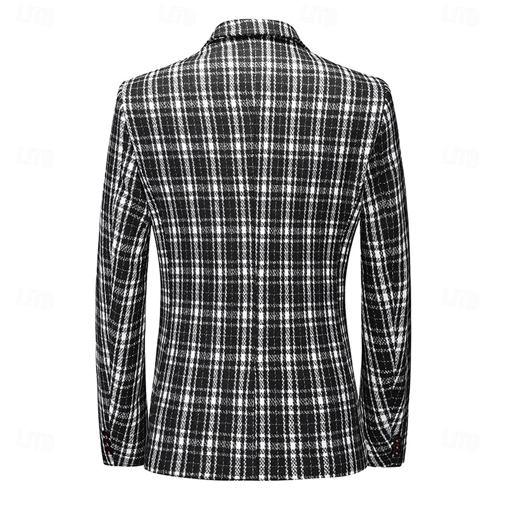 Men's Blazer Business Cocktail Party Wedding Party Fashion Casual Spring & Fall Polyester Plaid Button Pocket Comfortable Single Breasted Blazer Black khaki Gray 2025 - $77.99 –P2