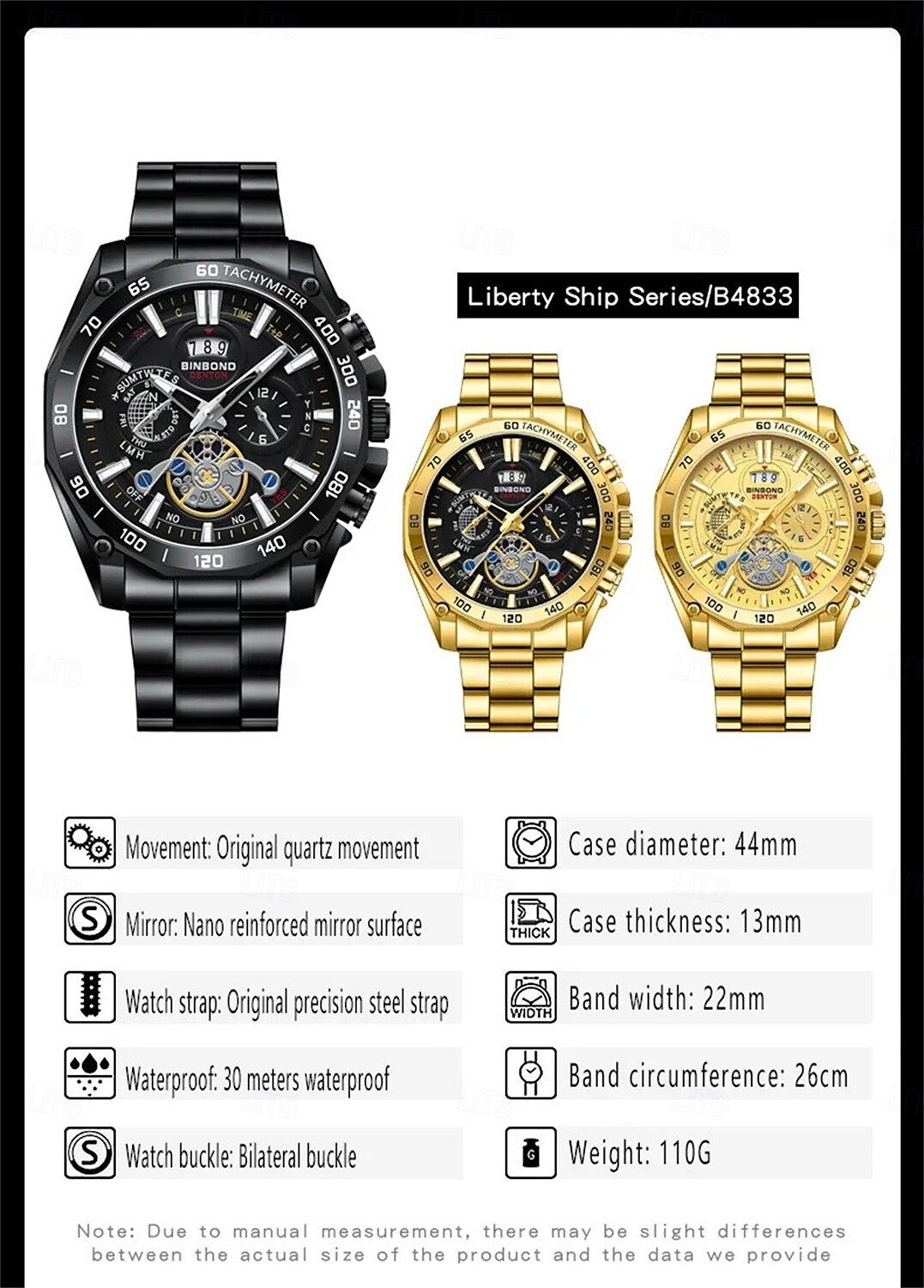 BINBOND Luxury Gold Watch Men Round Japan Quartz stainless steel Waterproof Sports Automatic Date Wrist Quartz Watch B4750 2025 - $25.99 –P8