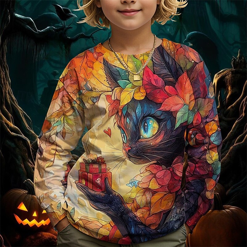 Pojkar 3D Grafisk Katt T-shirt Långärmad Vår Höst Mode Grundläggande Barn 4-12 år Rund hals Utomhus Ledigt Dagligen Normal 2025 - $13.99 –P1