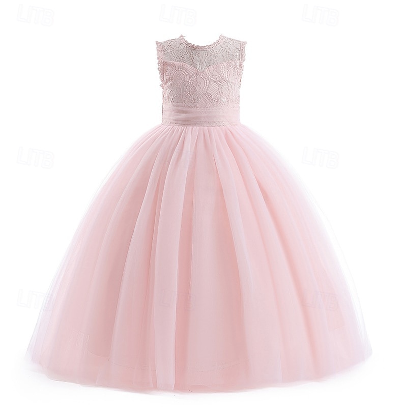 Infantil Para Meninas Vestido de daminha de honra Vestido de festa Côr Sólida Sem Manga Espetáculo Casamento Festa Com Transparência Frente Única Patchwork Elegante Doce Poliéster Renda Longo Vestido de 2025 por $44.99 –P5