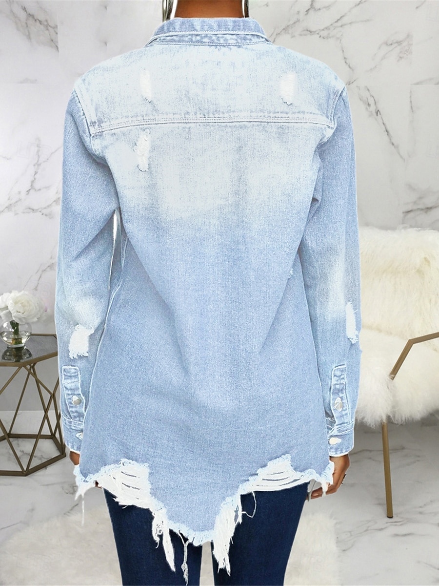 Damen Jeansjacke Outdoor Strasse Freizeitskleidung Herbst Winter Standard Mantel Regular Fit warm Atmungsaktiv Stilvoll Brautkleider schlicht Jacken Langarm Feste Farbe Mit Taschen Hellblau Schwarz 2025 - $62.99 –P5