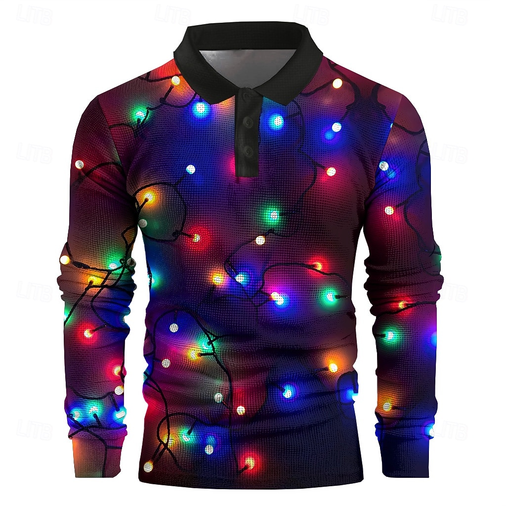 natal masculino natal luz 3d polo lanternas engraçado waffle manga longa festa noite ano novo camisas primavera outono inverno botão 3d impressão colarinho multi cor micro-elástico poliéster de 2025 por $24.99 –P1