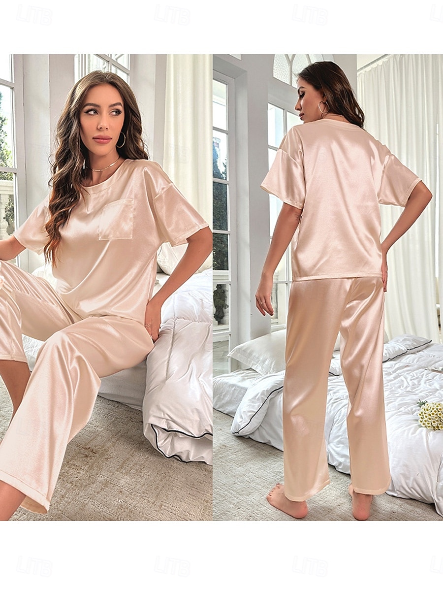 naisten pyjama 2 kpl puhdas väri muoti koti hengittävä pyöreä kaula lyhythihainen t-paita housut kesäasuja 2026 - $35.99 –P5