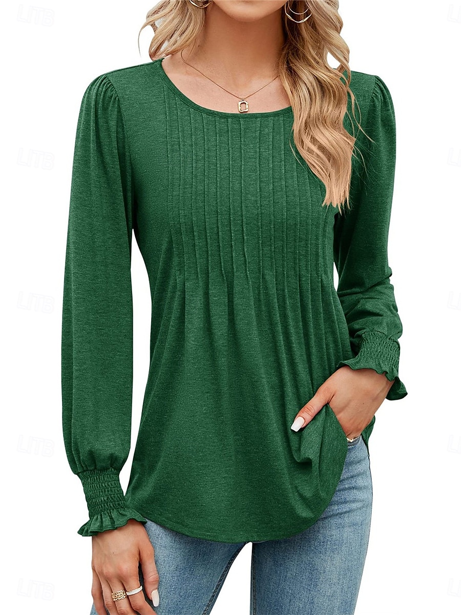 Women's Shirt Blouse Solid Color Basic Casual Long Sleeve Crew Neck Regular Tops Daily Black White Pink Green Fall Winter 2025 - $34.99 –P1