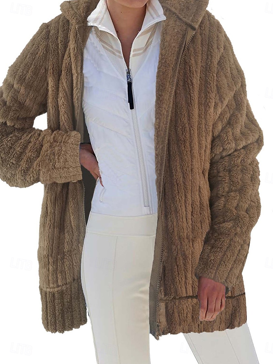Women's Fleece Jacket Teddy Coat Hoodie Jacket Warm Breathable Zipper Pocket Fleece Lined Casual Plain Vacation Street Daily Wear Going out Zipper Regular Hoodie Regular Fit Long Sleeve Outerwear 2025 - $52.99 –P1
