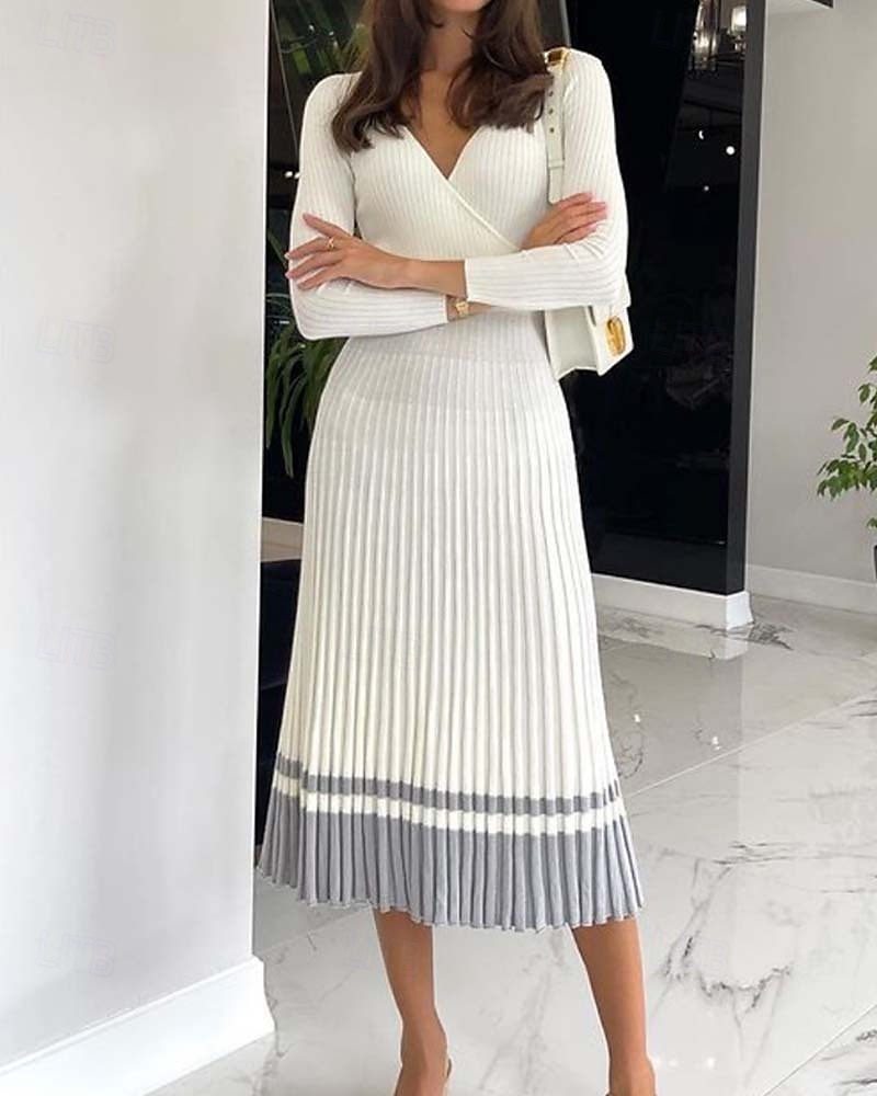 Női Pulóverruha Elegáns Divat Napi Tömör szín Csíkos V-alakú Pliszé Kötött Hosszú ujj Hosszú felsők Kötött Előírásos Munka Fehér / Fekete Khakizöld Ősz Tél 2025 - $75.99 –P6