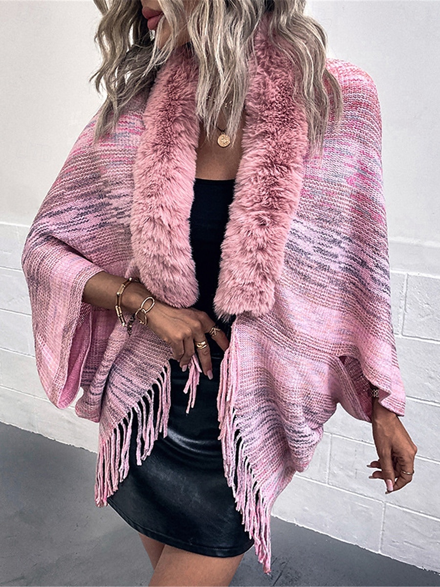 Women's Shrug Casual Soft Rainbow Ribbed Open Front Tassel Knitted Faux Fur Trim Long Sleeve Regular Tops Knit Outdoor Daily Weekend Pink Apricot Fall Winter 2025 - $29.99 –P1