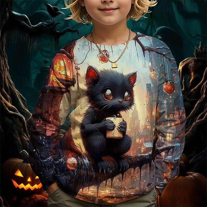 Pojkar 3D Grafisk Tecknat Katt T-shirt Långärmad Vår Höst Mode Grundläggande Barn 4-12 år Rund hals Utomhus Ledigt Dagligen Normal 2025 - $13.99 –P2