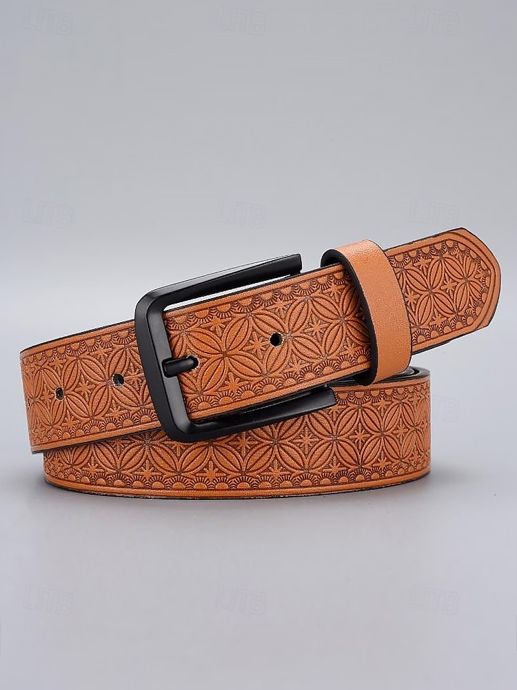 Men's Vintage Embossed Faux Leather Belt with Geometric Pattern – Classic Western Style Fashion Accessory 2025 - $14.99 –P4