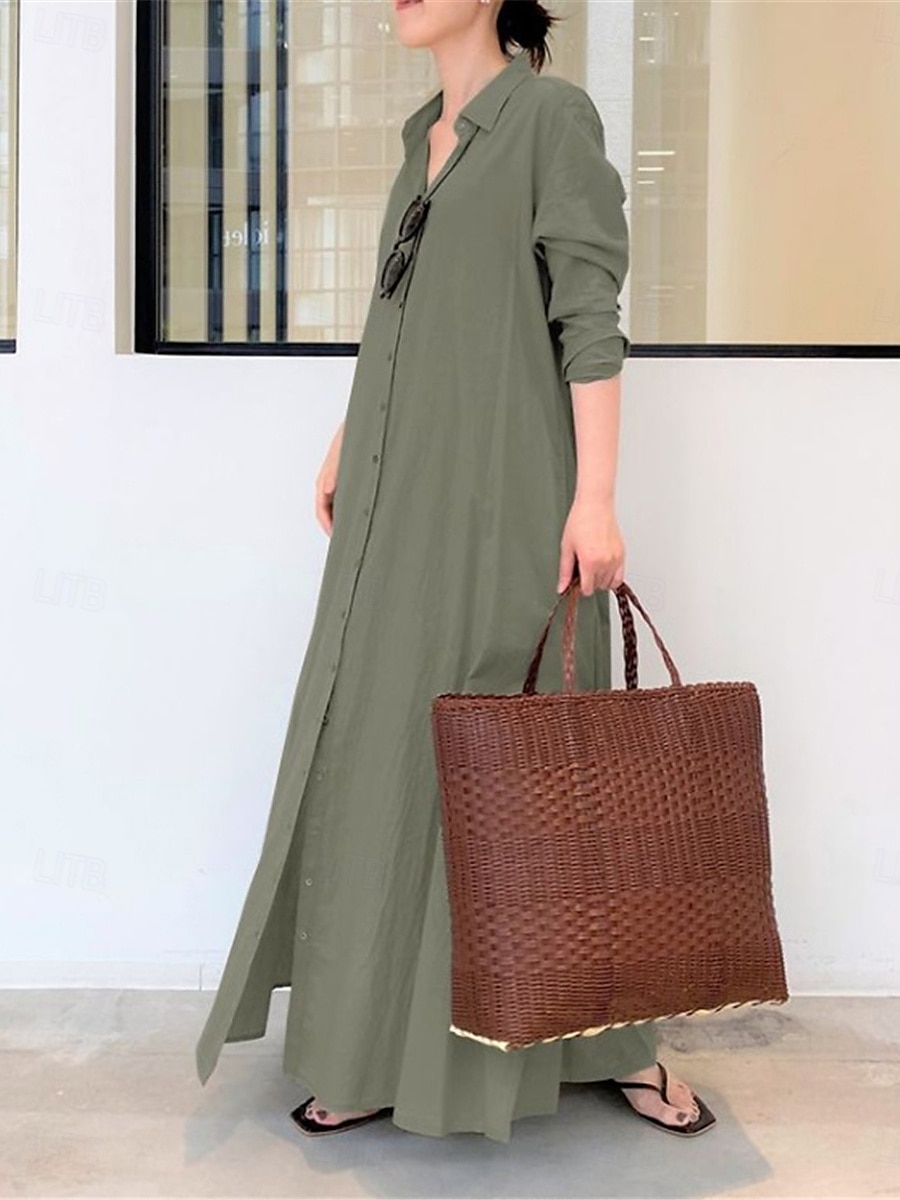 Robe chemise Robe casual Robe unie Femme Robe Maxi Bouton Poche Sport & Loisir Plein Air Décontractées Col de Chemise manche longue Standard Noir Vert Café S M L XL 2XL de 2025 ? $31.99 –P2