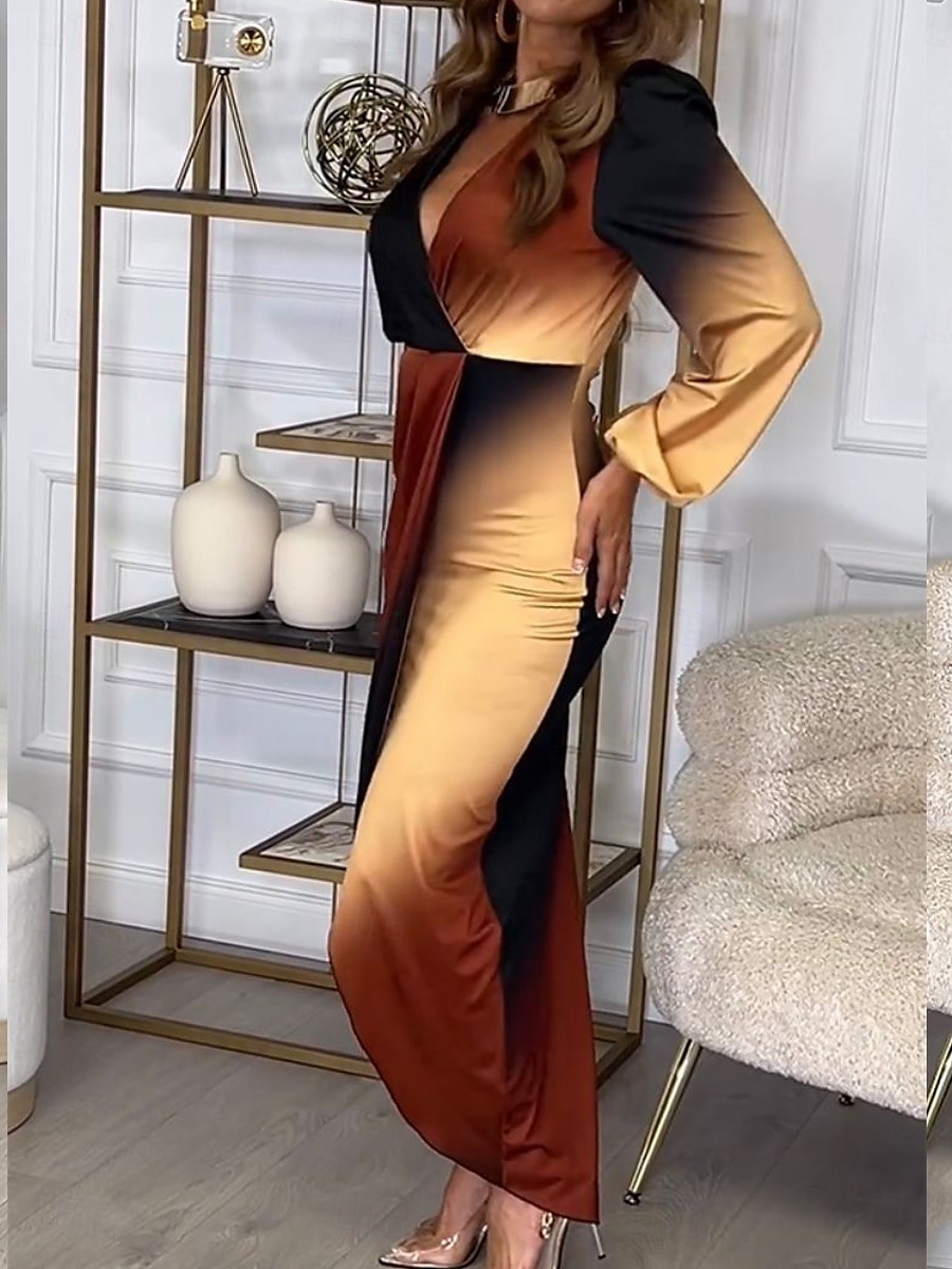 abito midi da donna con scollo profondo sfumato e maniche lunghe primavera autunno del 2025 a $41.99 –P2