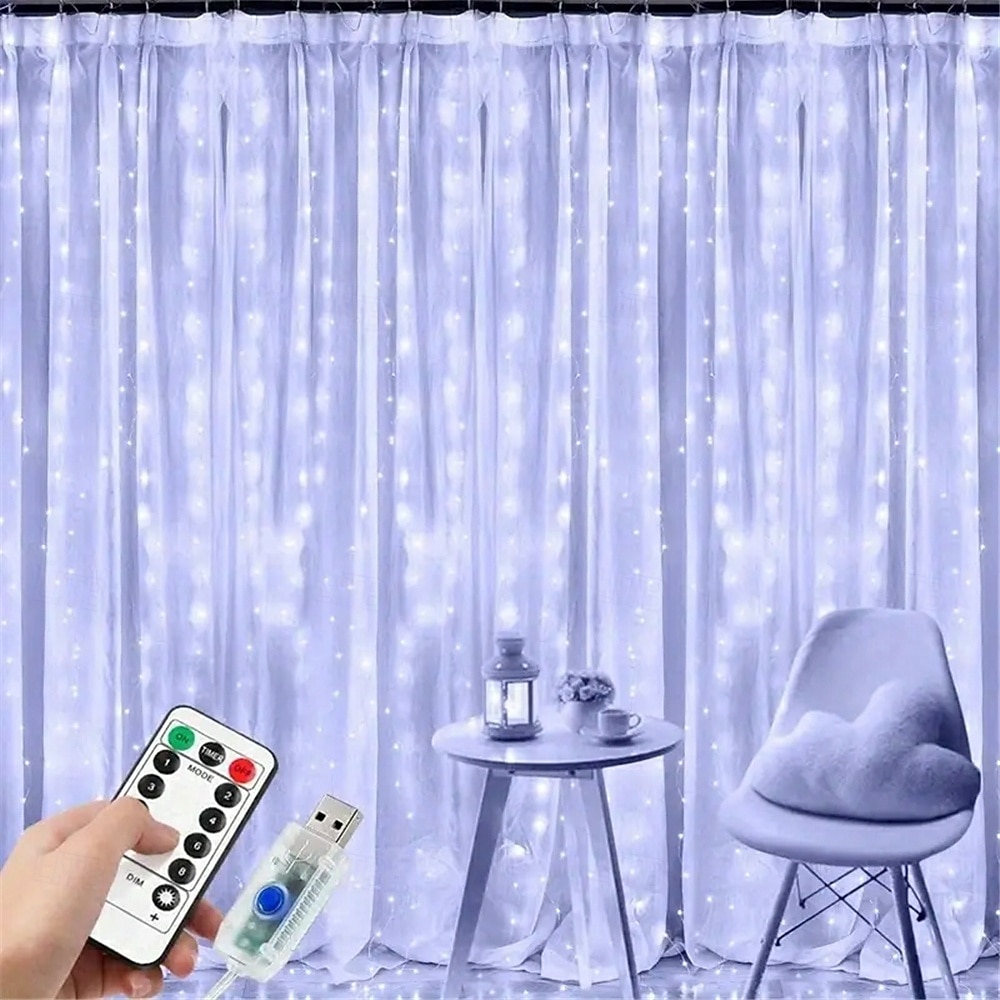 3x3M Ευέλικτα Φωτιστικά Κουρτίνας LED 300 LEDs Φωτιστικά Σχοινιού LED με 13-Κλειδί Τηλεχειριστήριο USB Τροφοδοτούμενα Χαμηλής Τάσης Ζεστό Λευκό  RGB Ασφαλή για Διακόσμηση Δωματίου  Κουρτίνας 2026 - $48.99 –P4