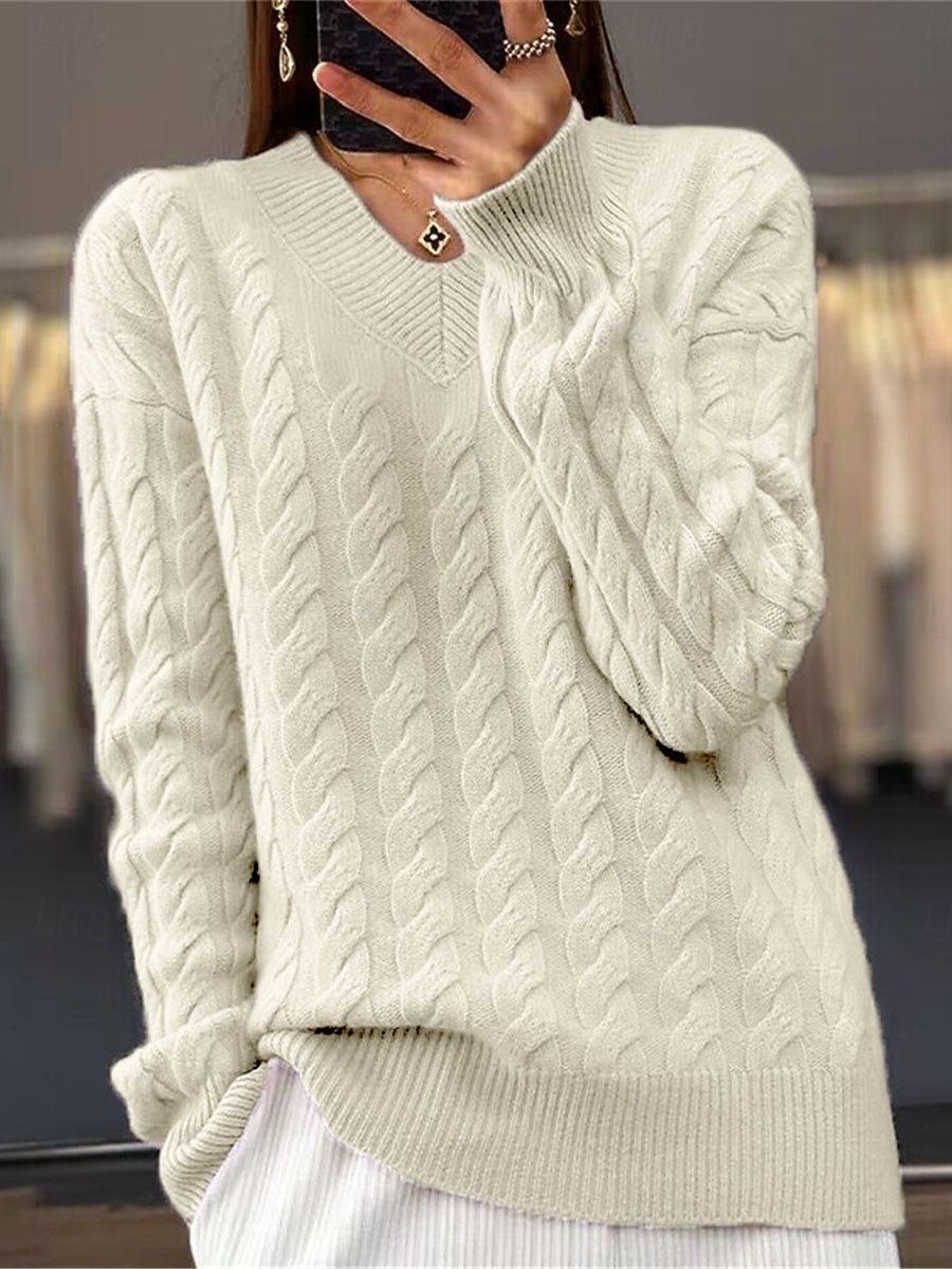 Mujer Pulóveres Suéter de punto Casual Suave Color puro Cable Escote en Pico De Punto Manga Larga Tops regulares Tejer Exterior Diario Fin de semana Color Camello Morado Otoño Invierno 2025 - $41.99 –P2