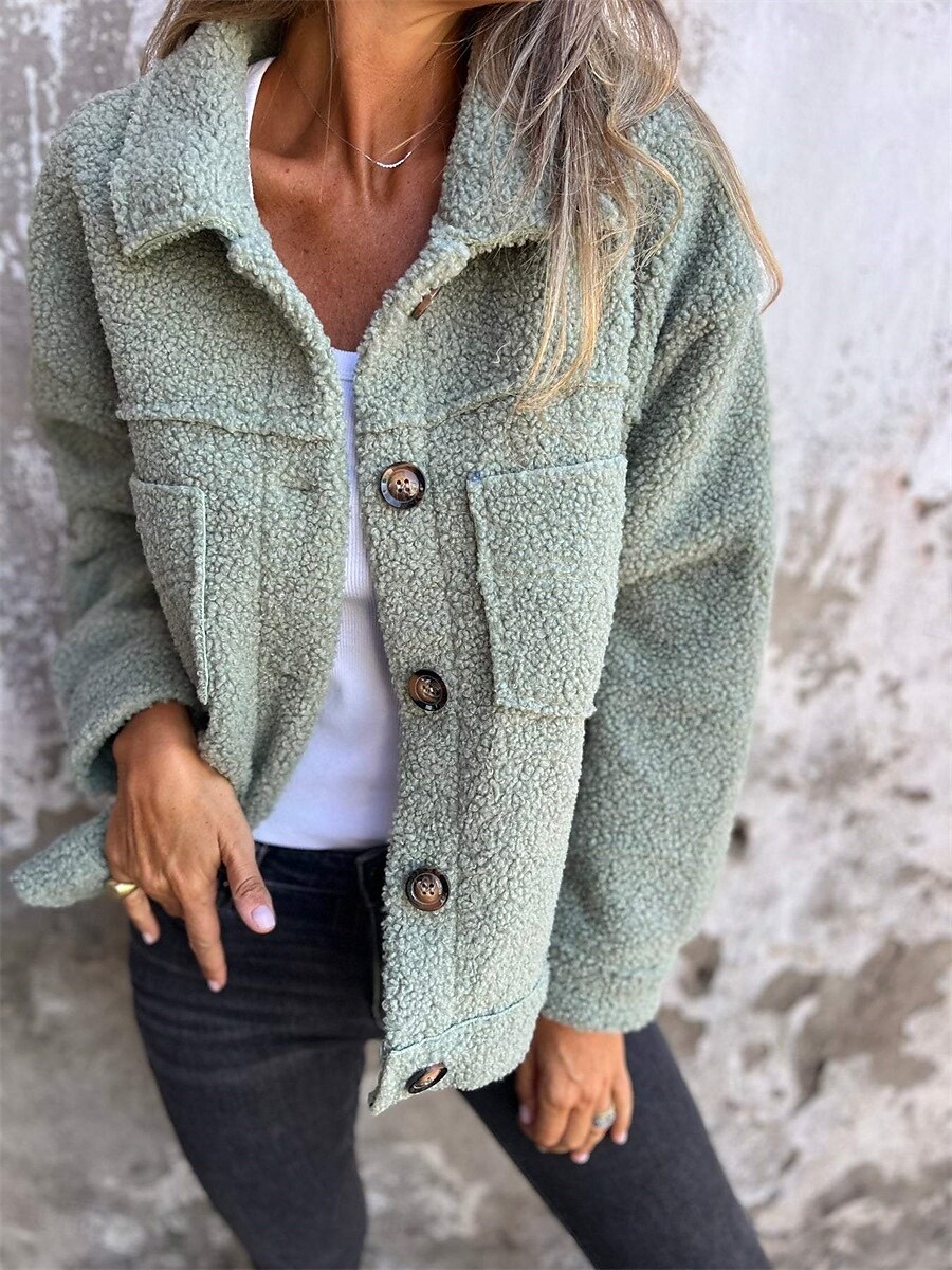 Dame Fleece-jakke Teddyfrakk Hold Varm Pustende Knapper Lomme Fleece Lined Fritid عادي Feriereise Gate Dagligdagstøy Ut på byen Enkeltkneppet Kort Knaphul Normal Langermet Yttertøy Gul Rosa Grønn 2025 - $34.99 –P3