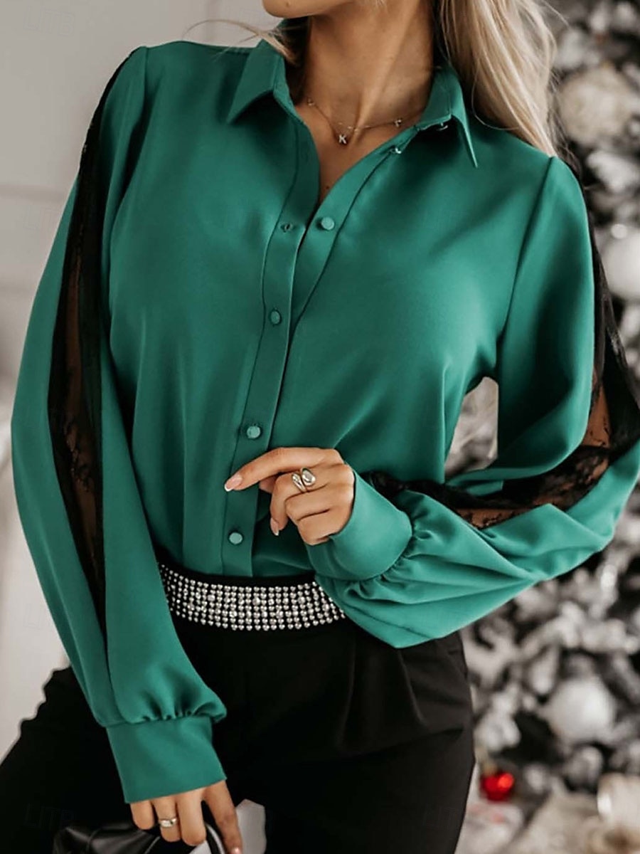 Damen Hemd Bluse Feste Farbe Basic Brautkleider schlicht Langarm Hemdkragen Normale Oberteile Täglich Spitze Gitter Patchwork Schwarz Weiß Grün Herbst Winter 2025 - $32.99 –P2
