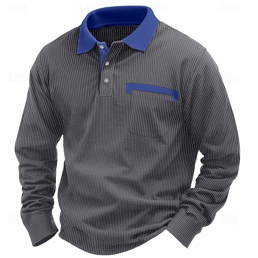 Homme Polos gaufrés Polos Formel Entreprise Revers Classique manche longue Mode basique Couleur unie Patchwork Boutons Printemps & Automne Standard Noir Blanche Rouge Bordeaux bleu marine Bleu Roi de 2025 ? $20.99 –P7