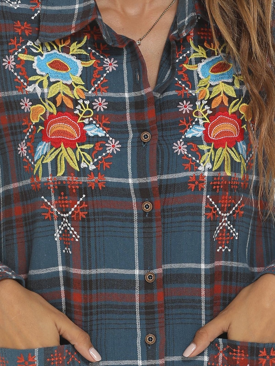 Női Boho ing Virágos Kockás Virág Alkalmi Boho Hosszú ujj Püspök Állógallér Normál felsők Bálint nap Munka Napi Hímzett Medence Tavasz, Ősz, Tél, Nyár 2025 - $34.99 –P7