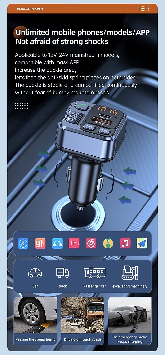 Car Charger 30W Fast Charging Adapter FM Bluetooth Transmitter Handsfree Call with Voltage Monitor MP3 Player for IPhone Samsung 2025 - $26.99 –P12
