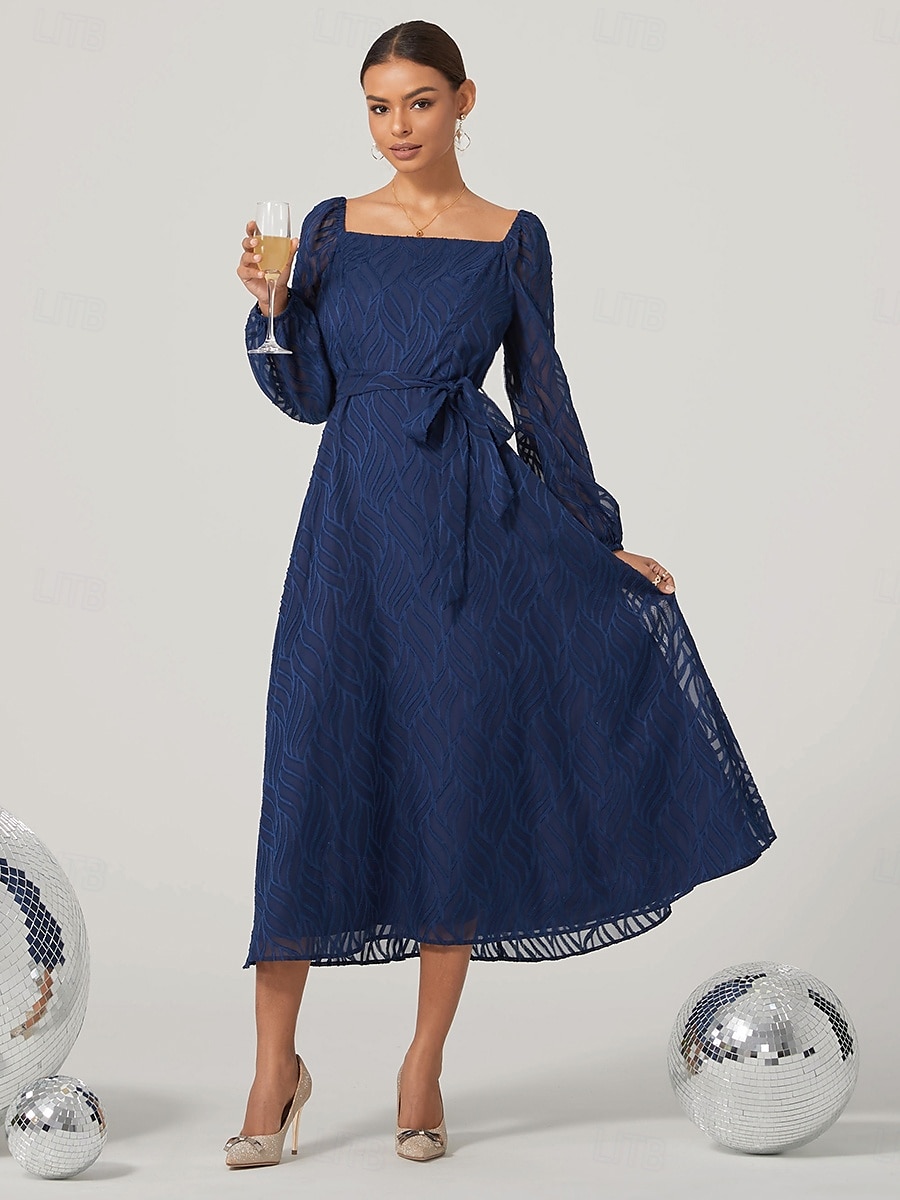 Women's Vintage Dress Midi Dress With Belt Elegant Vintage Square Neck Long Sleeve Blue Color 2025 - $15.79 –P1