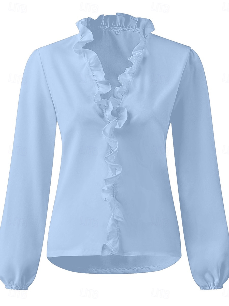 Per donna Camicia Blusa Tinta unica Essenziale Informale Manica lunga A V Top regolari Giornaliero Con balze Bianco Blu Autunno Inverno del 2025 a $27.99 –P5