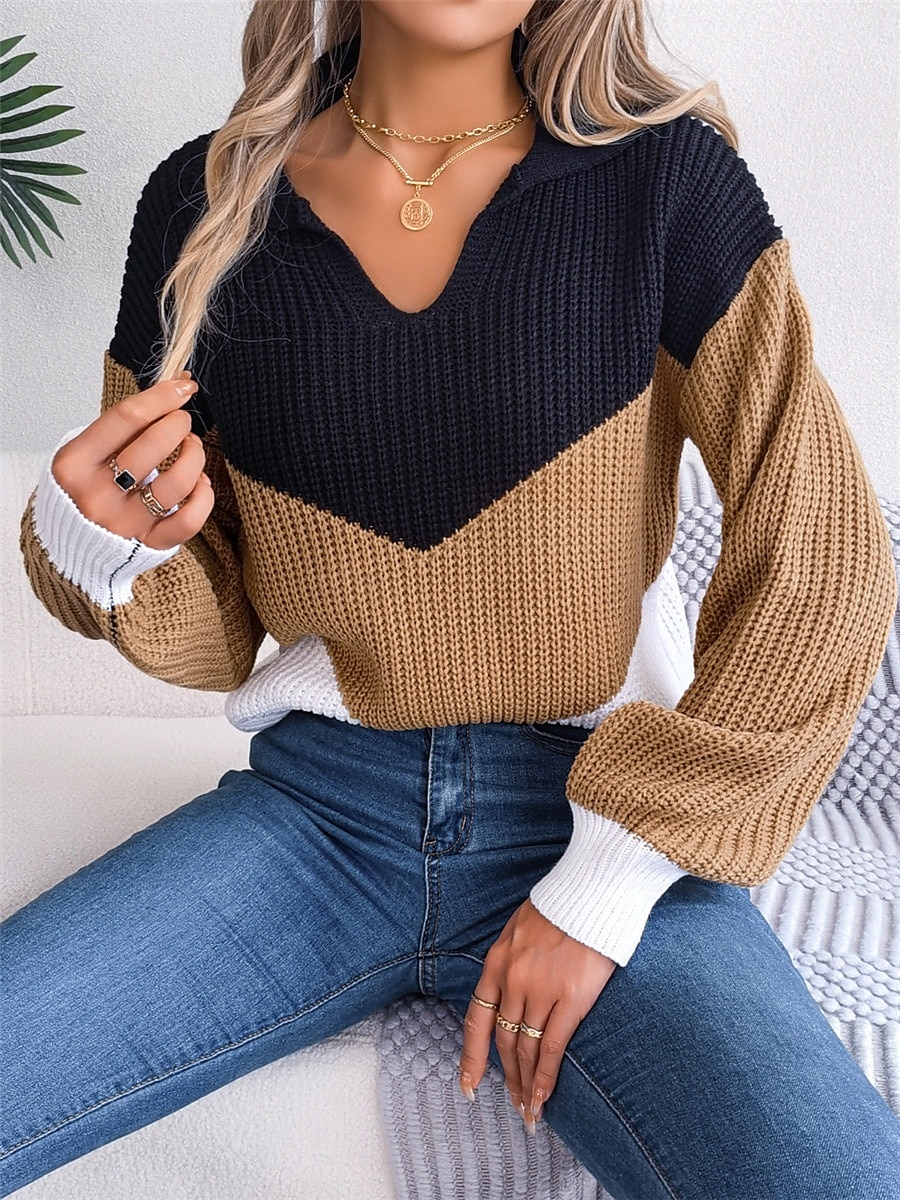 Dame Genser Pullover genser Fritid Myk Fargeblokk Riflet V-hals Strikket Langermet Vanlige topper Strikke utendørs Daglig Helg Blå Kakifarget Høst Vinter 2025 - $29.99 –P12