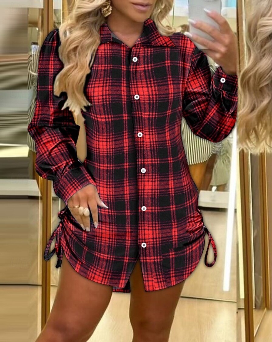 Vestido camisero de mujer con botones a cuadros y cordón, escote en V, minivestido elegante para uso diario, manga larga, otoño 2025 - GBP £36 –P2