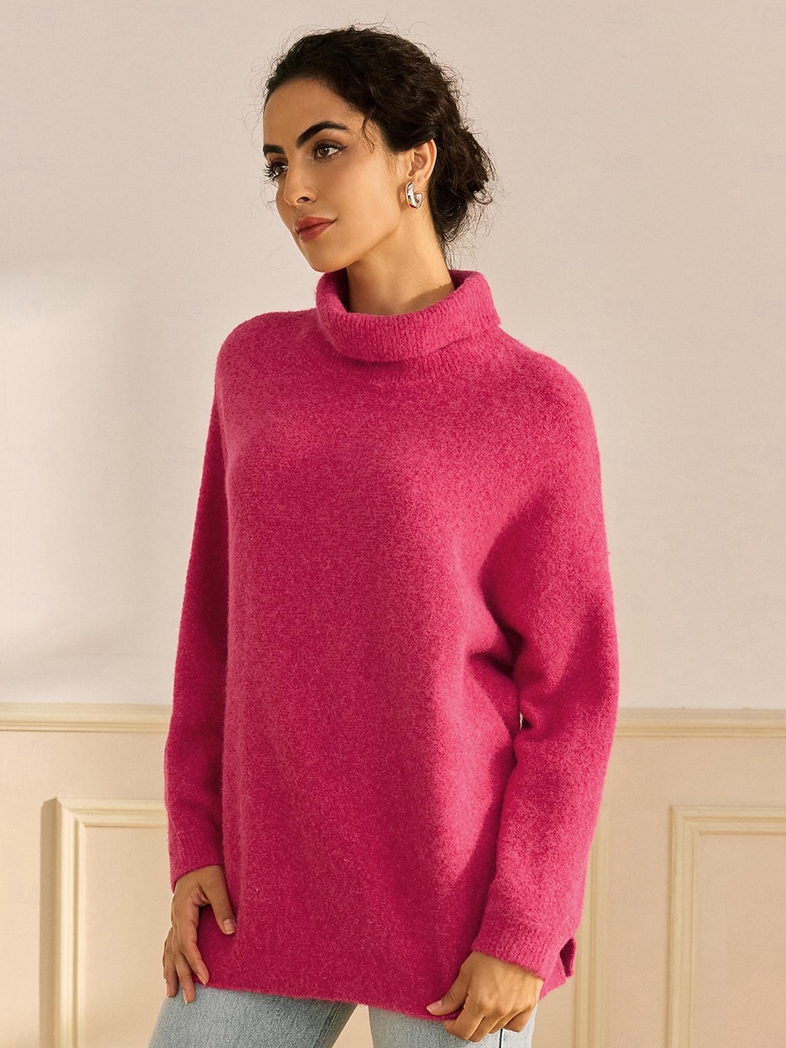 turtleneck ribbestrikket ullblanding drop shoulder flaggermusermet genser 2025 - $72.99 –P5