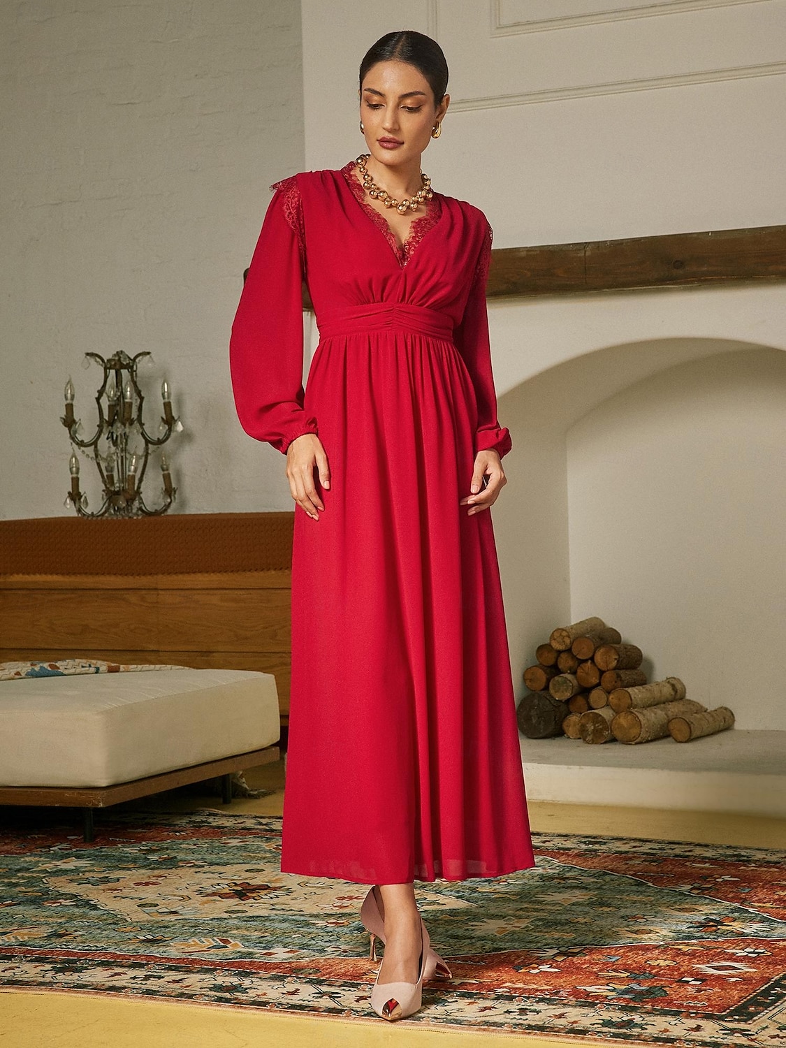 abito lungo da festa in chiffon rosso e pizzo con scollo a V del 2025 a $178.99 –P5