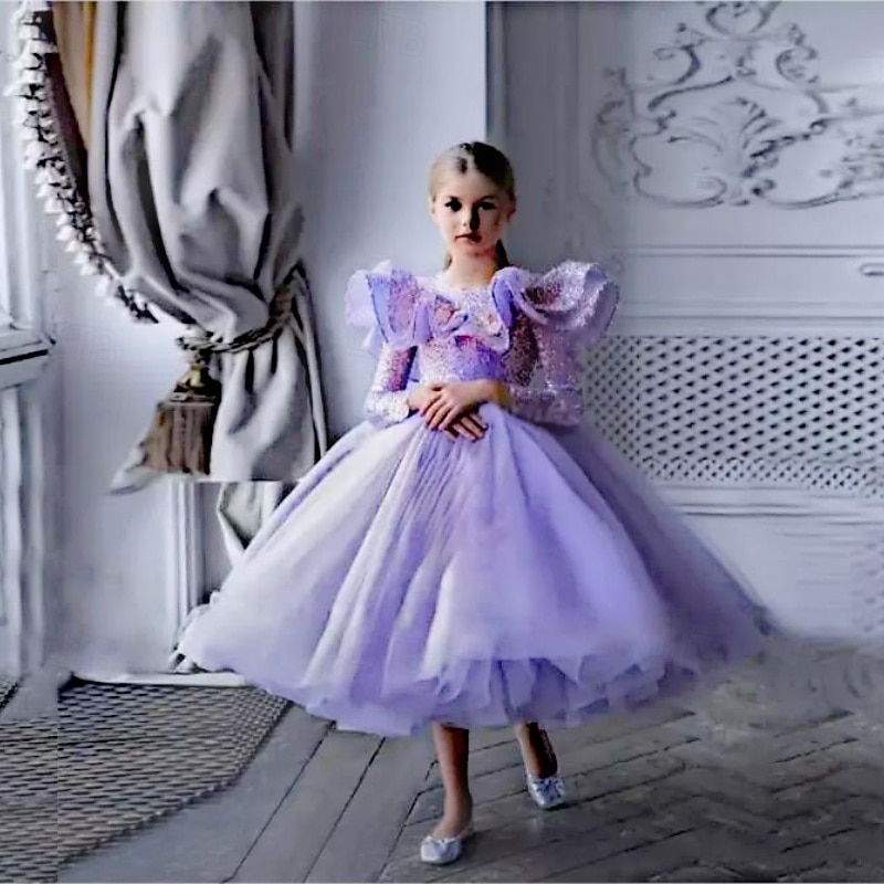 kinderkleidung Mädchen Party Kleid Feste Farbe Ärmellos Langarm Leistung Gitter Prinzessin Süß Gitter Mitte der Wade Etuikleid Tüll-Kleid Sommer Frühling Herbst Kinder Purpur 2025 - $89.99 –P6