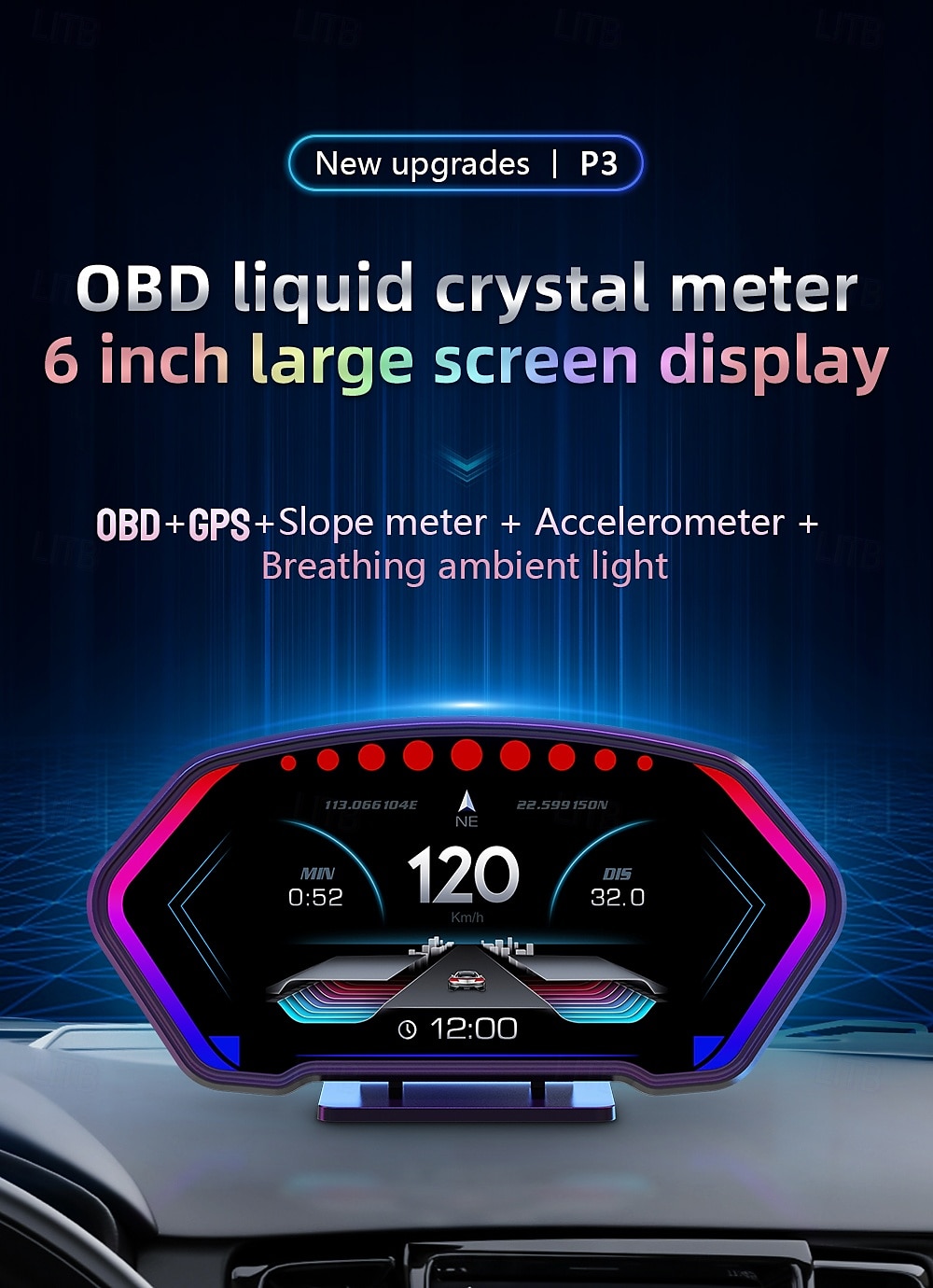2025年 p3 gps スピードメーター hud obd2 ヘッドアップディスプレイ オンボードコンピューター 車の電圧 rpm 水温 傾斜計 アラームゲージ付き  コレクション – $118.99 –P1