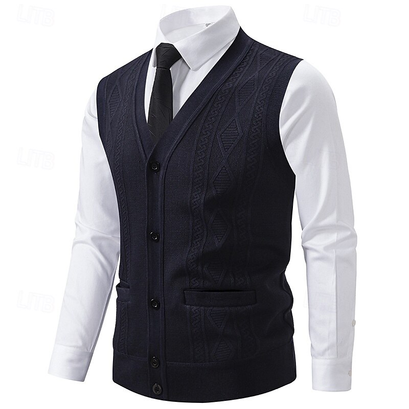 Men's Sweater Vest Dress Sweater Vest Knitwear Cardigan Vest Ribbed Knit Regular Pocket Plaid / Striped / Chevron / Round V Neck Fashion Classic Daily Wear Date Clothing Apparel Fall & Winter Black 2025 - $21.99 –P2