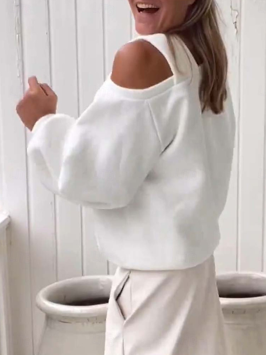 felpa da donna casual semplice strada abbigliamento quotidiano scollo a V manica lunga nero bianco beige autunno inverno del 2025 a $21.99 –P3