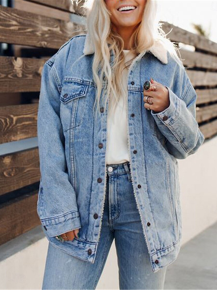 Dame Fleece-jakke Teddyfrakk Denimjakker Hold Varm Pustende Lomme Fleece Lined Fritid عادي Feriereise Gate Dagligdagstøy Ut på byen Enkeltkneppet Normal Aftæpning Normal Langermet Yttertøy Svart Bl 2025 - $41.99 –P2