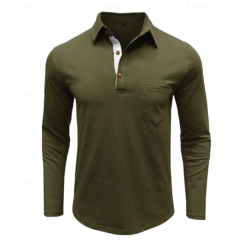 100% Cotton Men's Polo Shirt Golf Polo Formal Work Classic Long Sleeve Color Block Button Summer Spring & Fall Army Green Dark Grey Black Burgundy Navy Blue Polo Shirt 2025 - $27.99 –P14