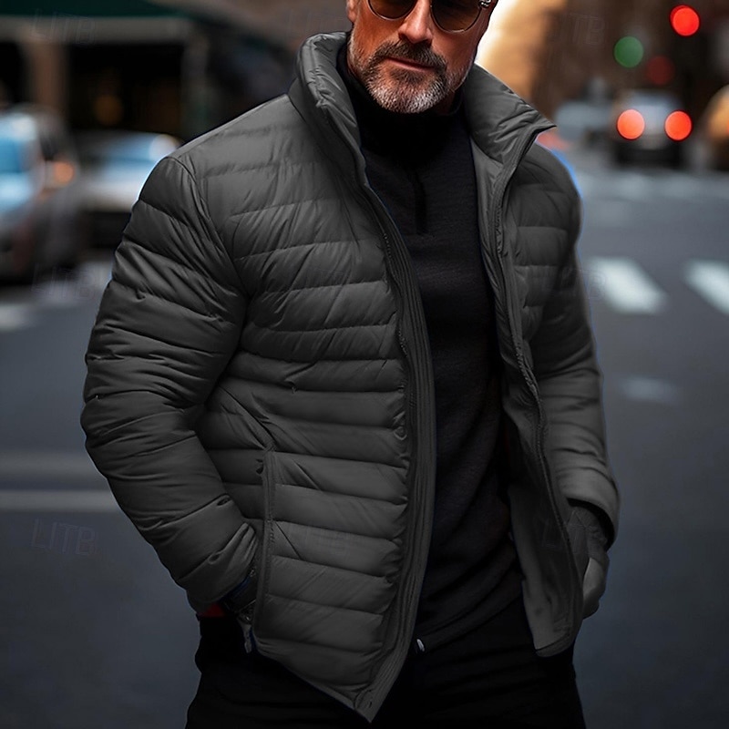 Men's Winter Coat Puffer Jacket Quilted Jacket Transition Jacket Pocket Cotton Pocket Vacation Daily Wear Date Regular Fashion Casual Comfortable Thermal Warm Fall & Winter Solid / Plain Color Black 2025 - $30.99 –P17