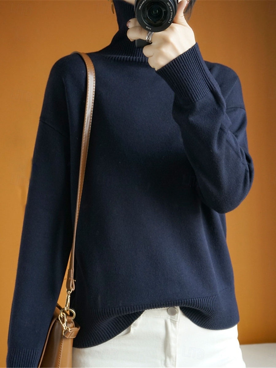 Dam Tröja Pullover tröja Ledigt Mjukt Ren färg Ribbad Polokrage Stickat Långärmad Vanliga toppar Sticka Utomhus Dagligen Helgen Marinblå Orange Höst Vinter 2025 - $35.99 –P2