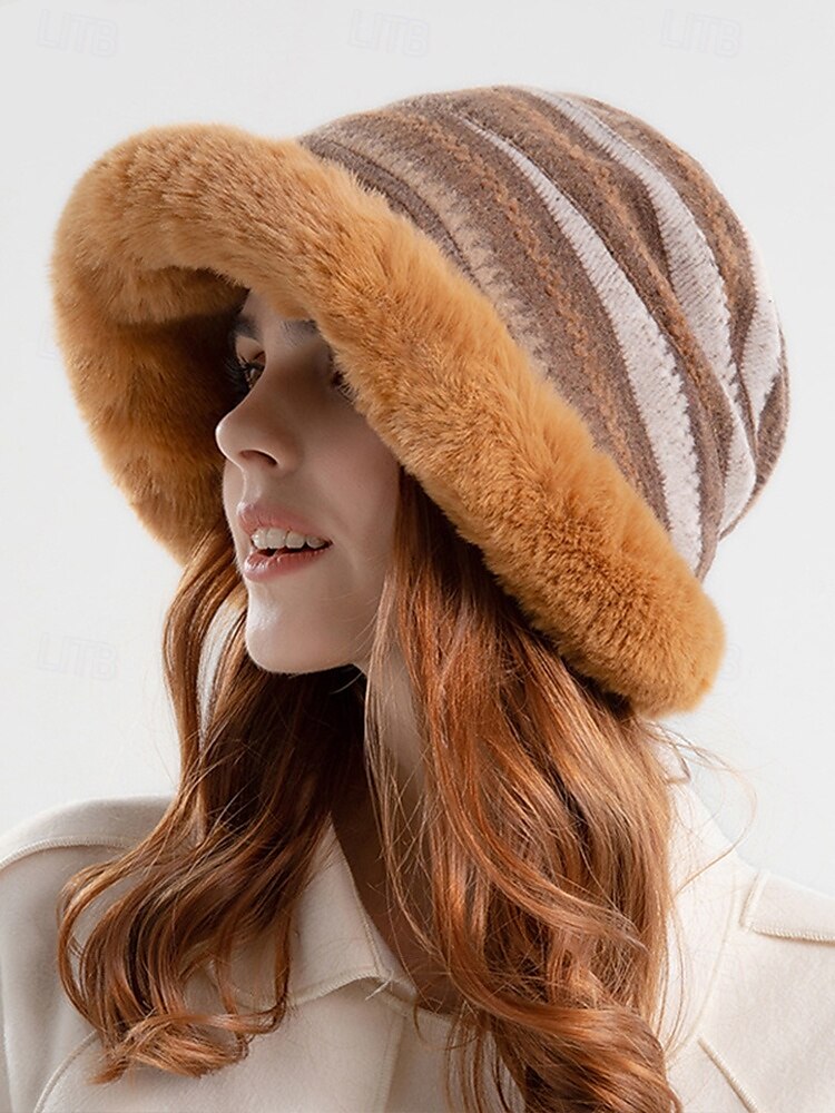 Women's Cozy Faux Fur Winter Hat – Vintage Striped Knit Bucket Hat with Warm Plush Lining 2025 - $14.99 –P2