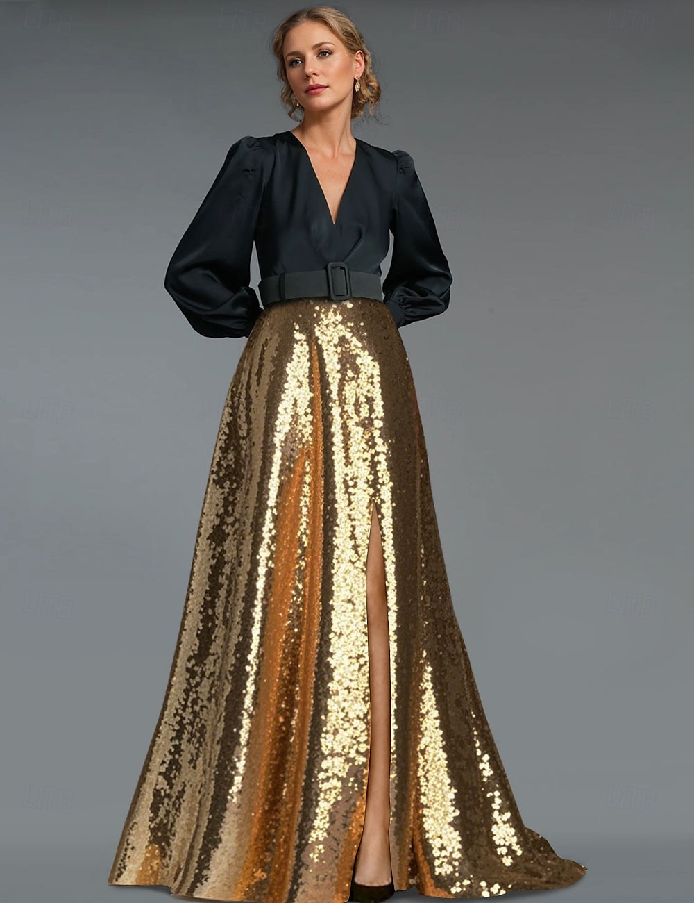 Gold Pailletten A-Linie Schwarzes Abendkleid Elegantes Kleid Smoking Kleid Formal Bodenlänge Langarm V-Ausschnitt Gürtel  Schärpe mit Schlitz 2025 - $199.99 –P1