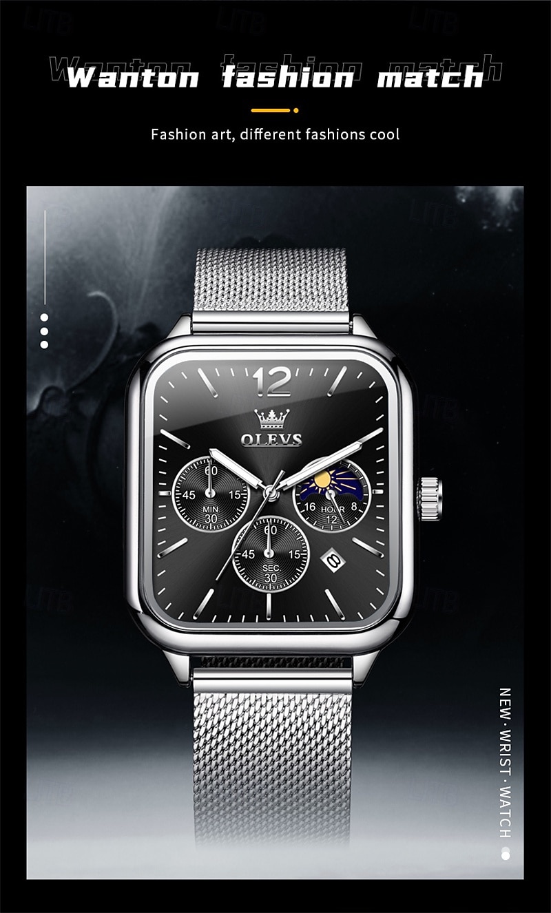 nouvelle marque olevs olevs tendance montres pour hommes cadran carré calendrier lumineux des phases de lune multifonction ceinture en maille à trois yeux montre à quartz à phases de lune de 2025 ? $29.99 –P9