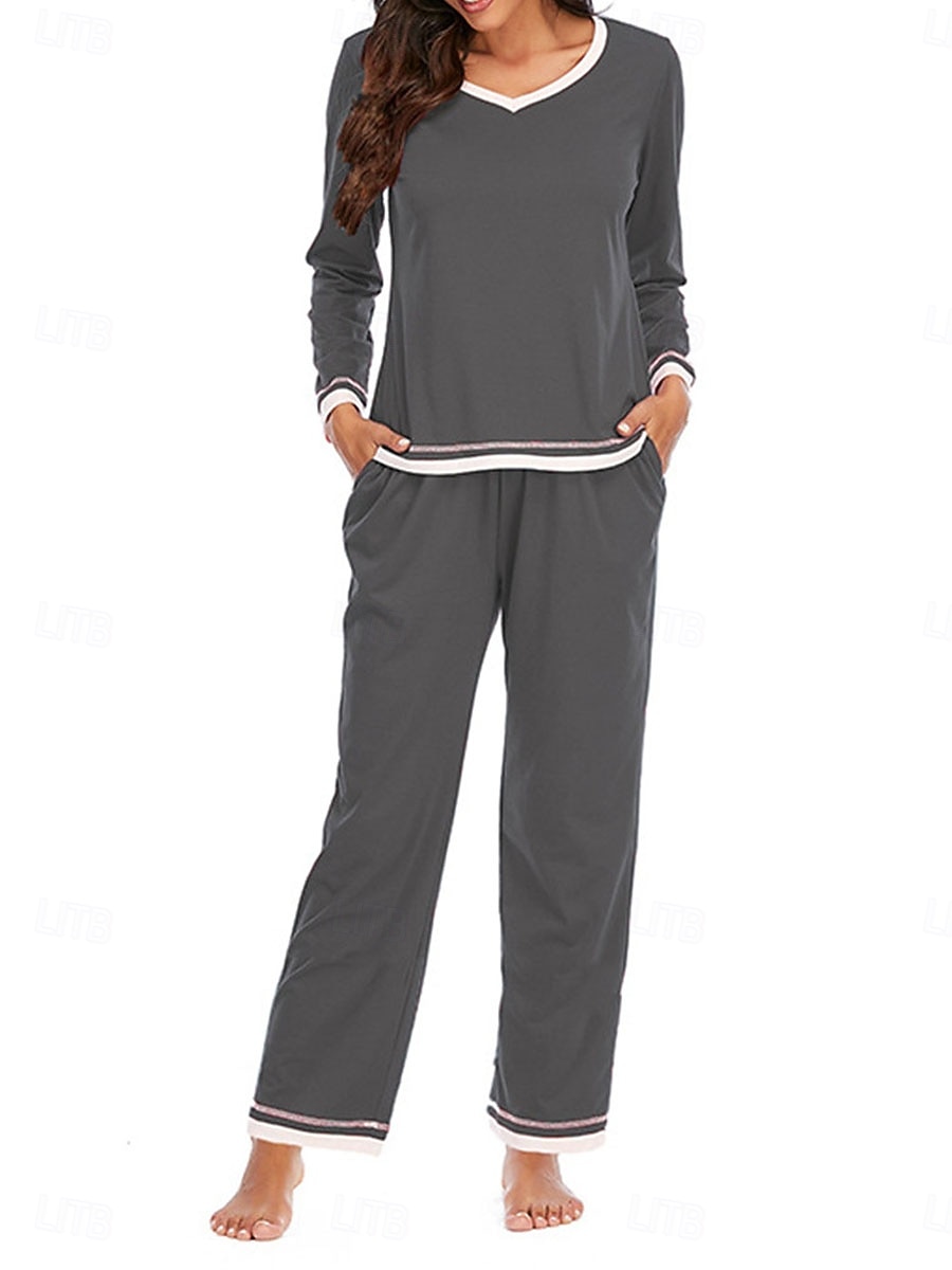 set de pijamale de damă culoare pură casual confort acasă zilnic confort din bumbac cald cu gâtul turnat tricou cu mânecă lungă pantaloni talie elastică ținute de toamnă iarnă acasă 2026 - $41.99 –P12