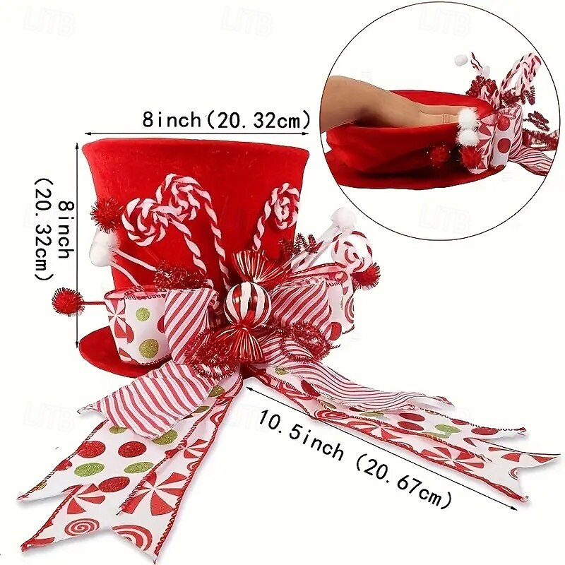 topo de árvore de natal clássico de poliéster vermelho com laço de palito de doce - perfeito para decoração de feriados em ambientes internos &uso externo de 2025 por $27.99 –P4