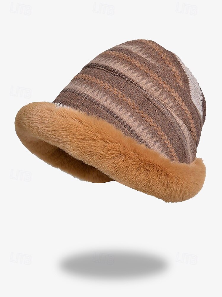 Women's Cozy Faux Fur Winter Hat – Vintage Striped Knit Bucket Hat with Warm Plush Lining 2025 - $14.99 –P5