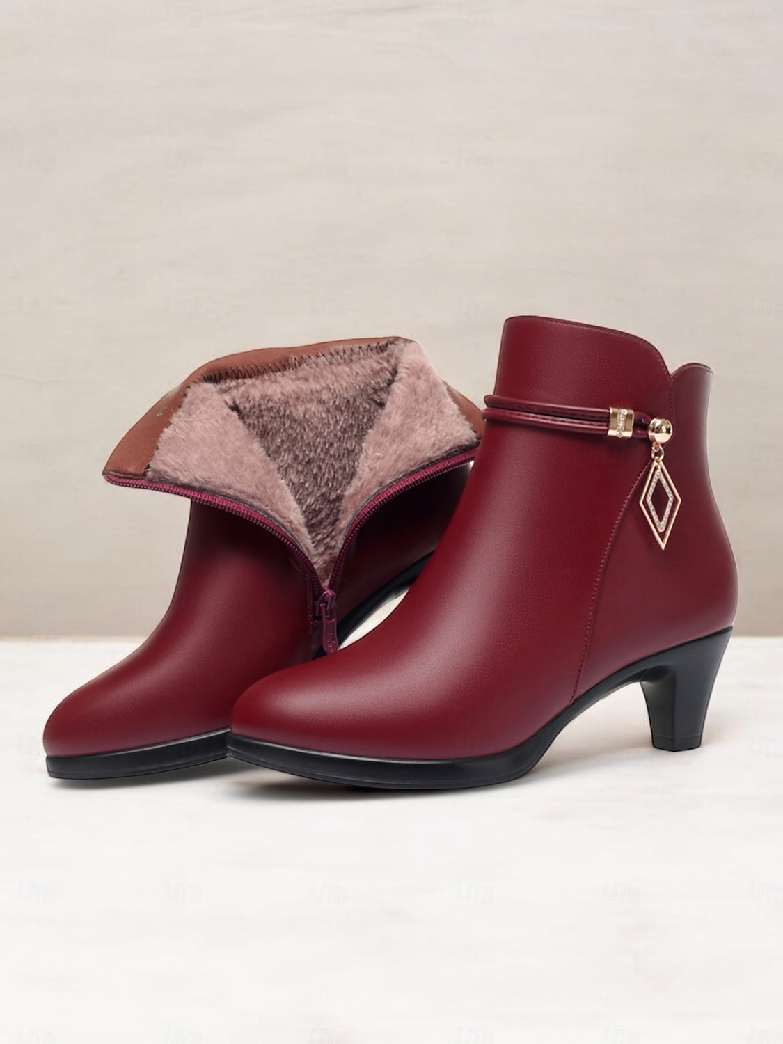 dames enkellaarsjes met bontvoering – warme winterhakken met rits aan de zijkant en chique gouden accenten voor casual en formele kleding 2025 - $46.99 –P4