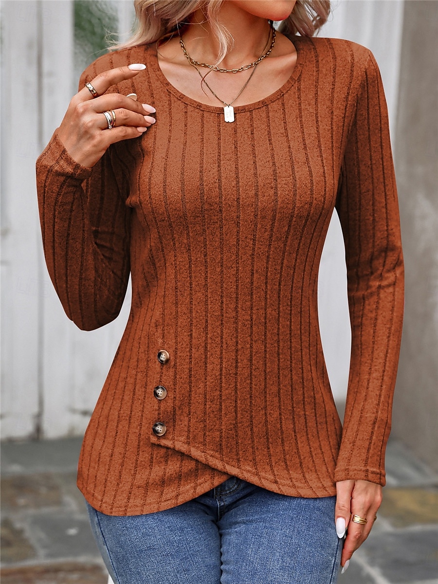 Women's Shirt Blouse Solid Color Basic Casual Long Sleeve Crew Neck Regular Tops Daily Buttons Black Brown Beige Gray Fall Winter 2025 - $25.99 –P5