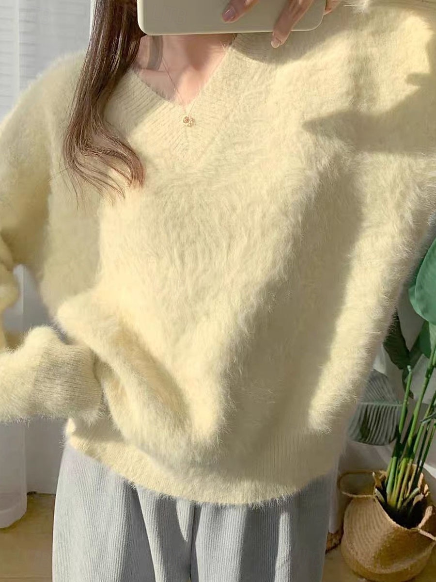 női pulóver pulóver pulóver fuzzy jumper v nyak bordázott kötött kötött ősz tél szabadtéri mindennapi hétvége alkalmi puha hosszú ujjú tiszta szín sárga kék 2025 - $29.99 –P3
